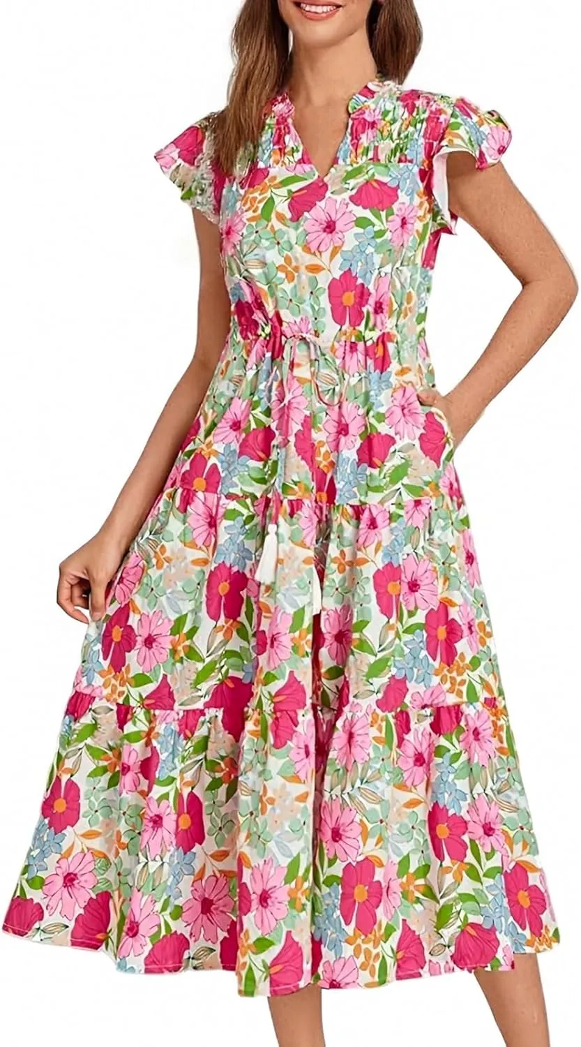Boho Dresses for Women 2025 Summer Short Sleeve Beach Floral Maxi Dress Flowy Casual V Neck Bohemian Sundress