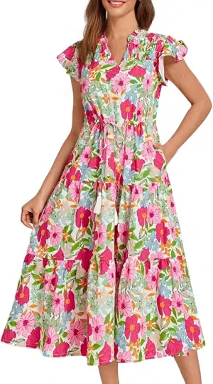 Boho Dresses for Women 2025 Summer Short Sleeve Beach Floral Maxi Dress Flowy Casual V Neck Bohemian Sundress