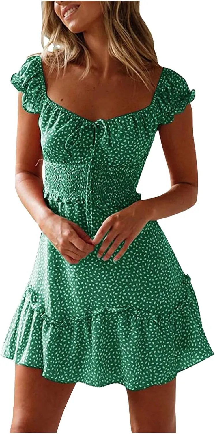 Boho Floral Dress for Women Cap Sleeve Summer Smocked Mini Dresses Elegant Square Neck Ruffle Short Party Sundress