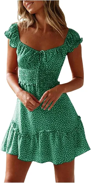 Boho Floral Dress for Women Cap Sleeve Summer Smocked Mini Dresses Elegant Square Neck Ruffle Short Party Sundress