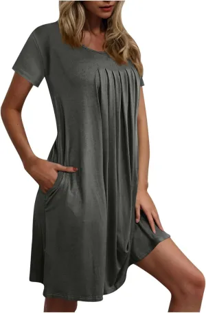 Borniu Women's Summer Casual T Shirt Dresses Short Sleeve Swing Dress with Pocket Fashion Casual Beach Vacation Mini Dresses