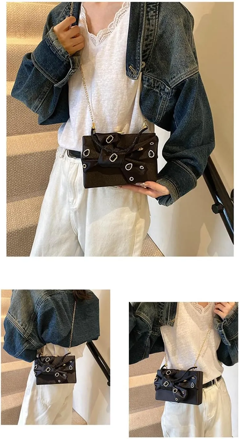 Bow Purse for Women Dressy Luxury Rhinestone Party Bag Satin Box Clutch Small Metallic Bow Purse Bling Wedding Handbag