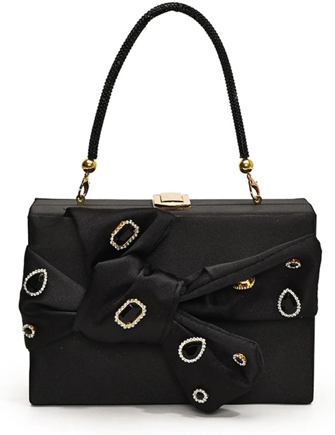Bow Purse for Women Dressy Luxury Rhinestone Party Bag Satin Box Clutch Small Metallic Bow Purse Bling Wedding Handbag