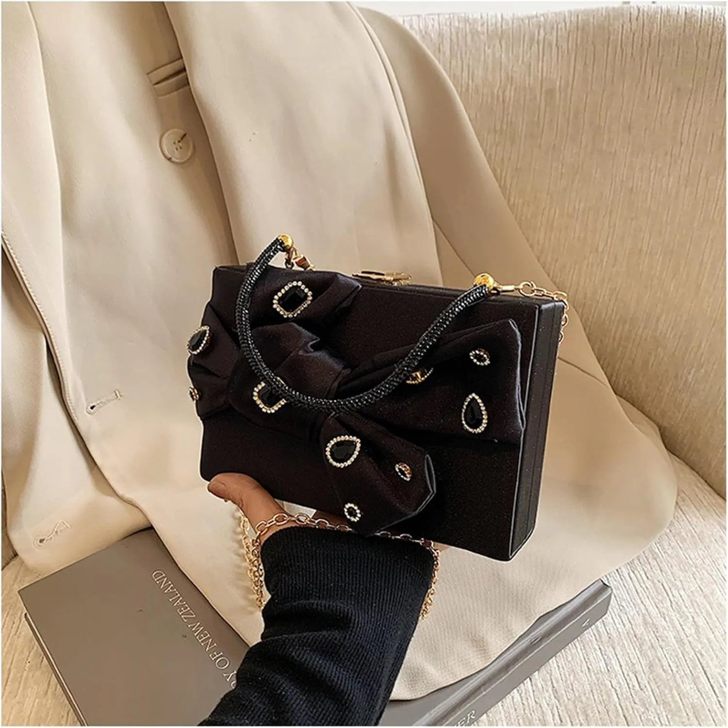 Bow Purse for Women Dressy Luxury Rhinestone Party Bag Satin Box Clutch Small Metallic Bow Purse Bling Wedding Handbag