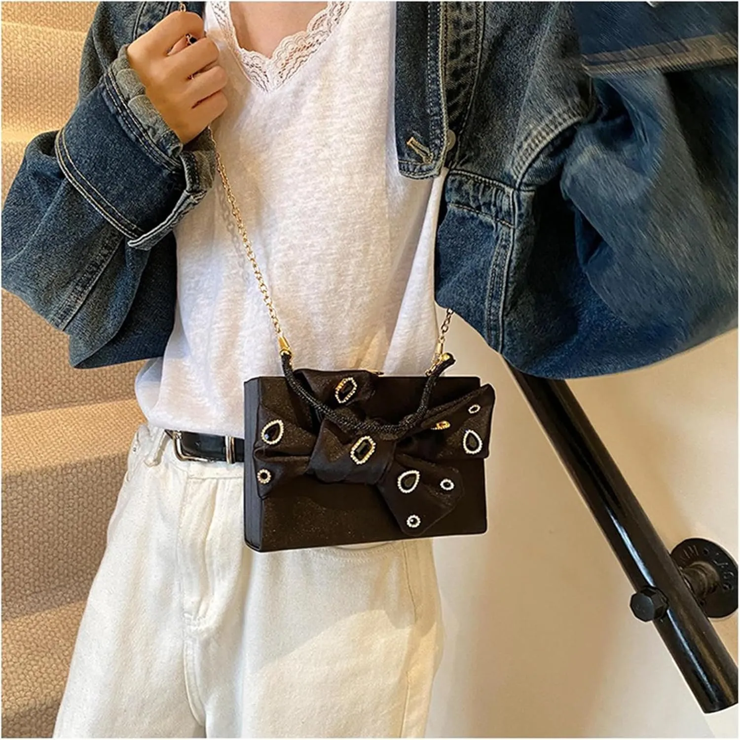 Bow Purse for Women Dressy Luxury Rhinestone Party Bag Satin Box Clutch Small Metallic Bow Purse Bling Wedding Handbag