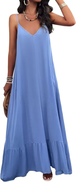 BROVAVE Women's Summer Casual Sundress Sleeveless Spaghetti Strap V Neck Loose Flowy Maxi Dresses with Pockets