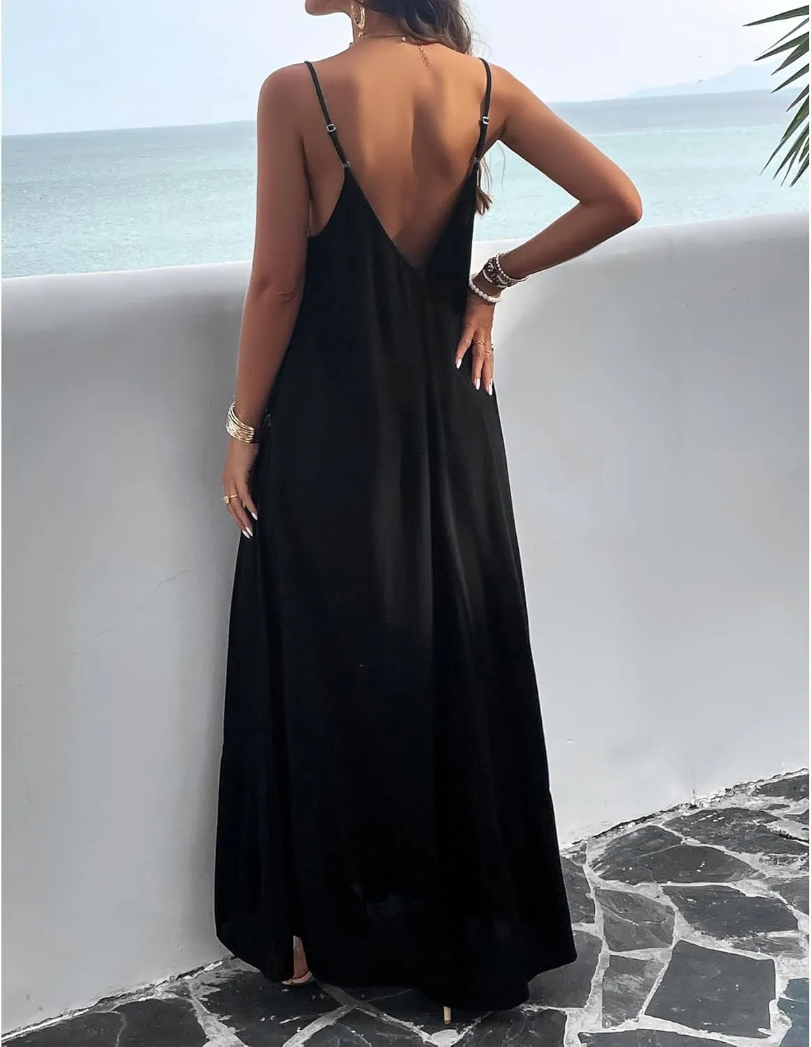 BROVAVE Women's Summer Casual Sundress Sleeveless Spaghetti Strap V Neck Loose Flowy Maxi Dresses with Pockets