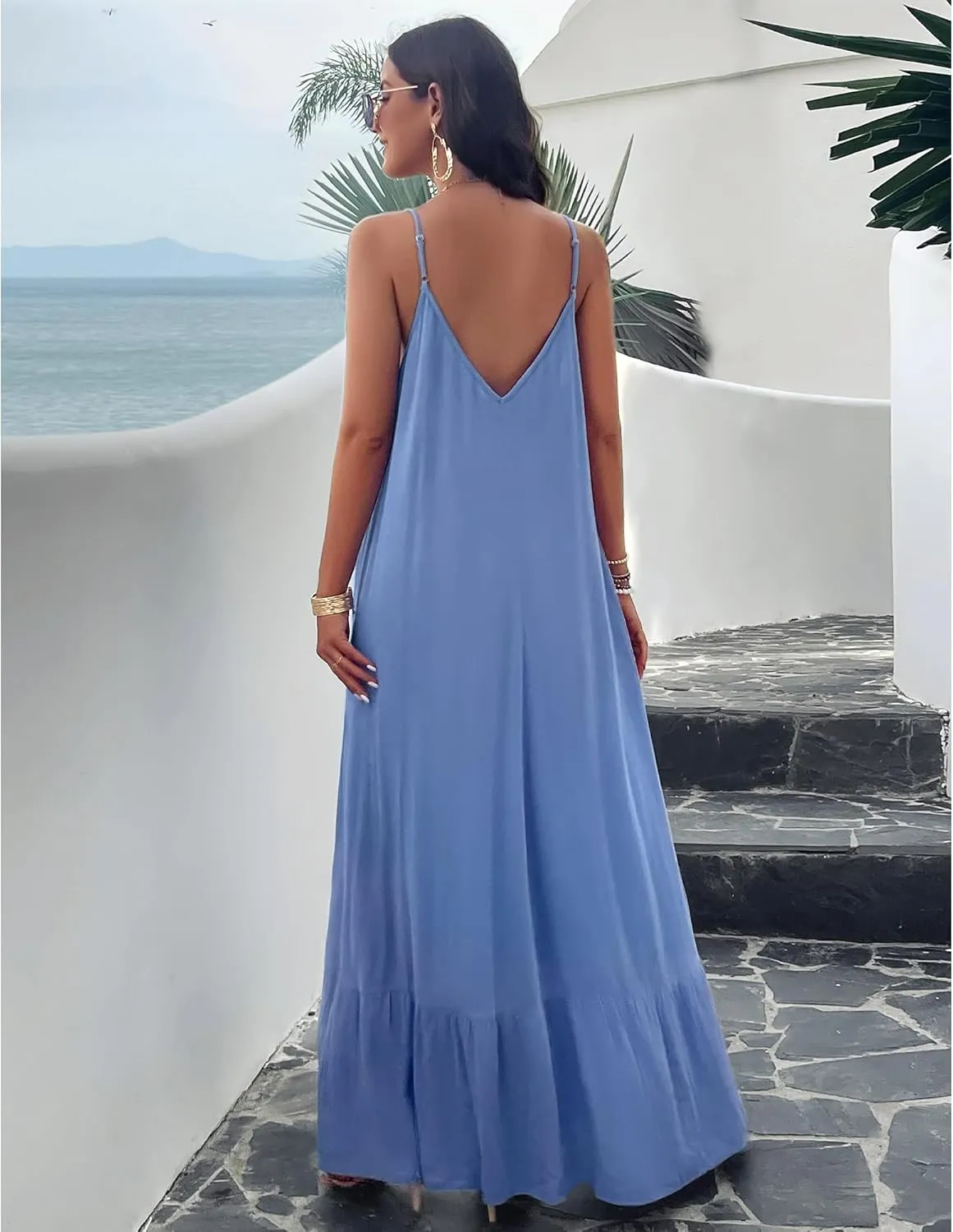 BROVAVE Women's Summer Casual Sundress Sleeveless Spaghetti Strap V Neck Loose Flowy Maxi Dresses with Pockets