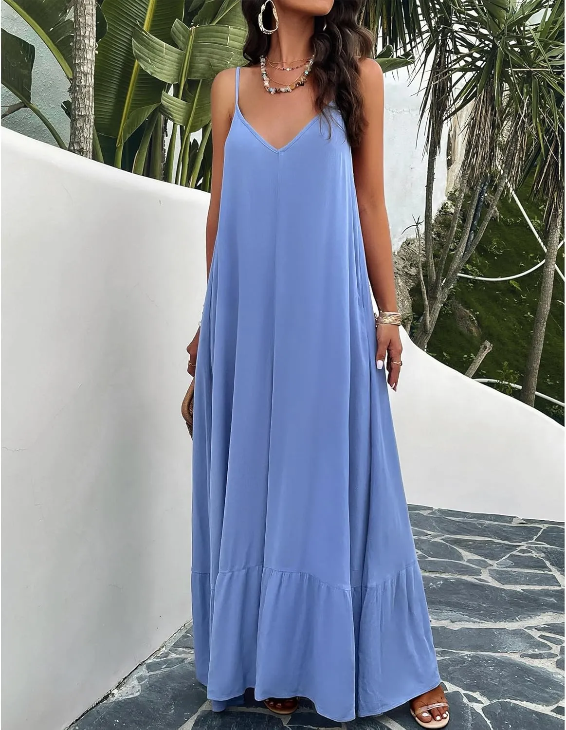 BROVAVE Women's Summer Casual Sundress Sleeveless Spaghetti Strap V Neck Loose Flowy Maxi Dresses with Pockets