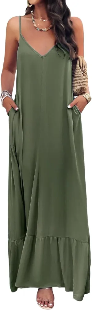 BROVAVE Women's Summer Casual Sundress Sleeveless Spaghetti Strap V Neck Loose Flowy Maxi Dresses with Pockets