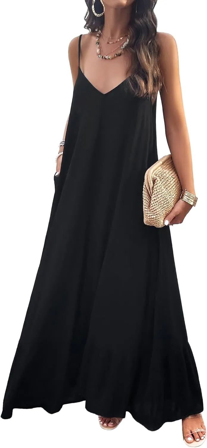 BROVAVE Women's Summer Casual Sundress Sleeveless Spaghetti Strap V Neck Loose Flowy Maxi Dresses with Pockets