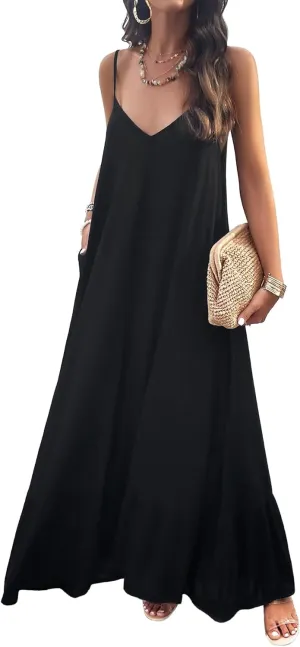 BROVAVE Women's Summer Casual Sundress Sleeveless Spaghetti Strap V Neck Loose Flowy Maxi Dresses with Pockets
