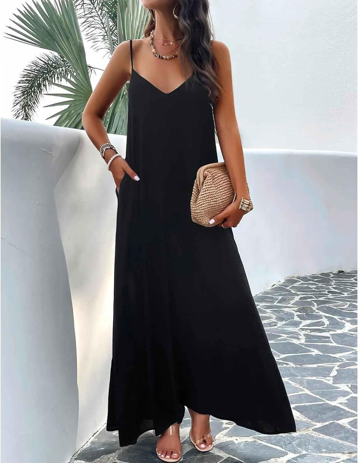 BROVAVE Women's Summer Casual Sundress Sleeveless Spaghetti Strap V Neck Loose Flowy Maxi Dresses with Pockets