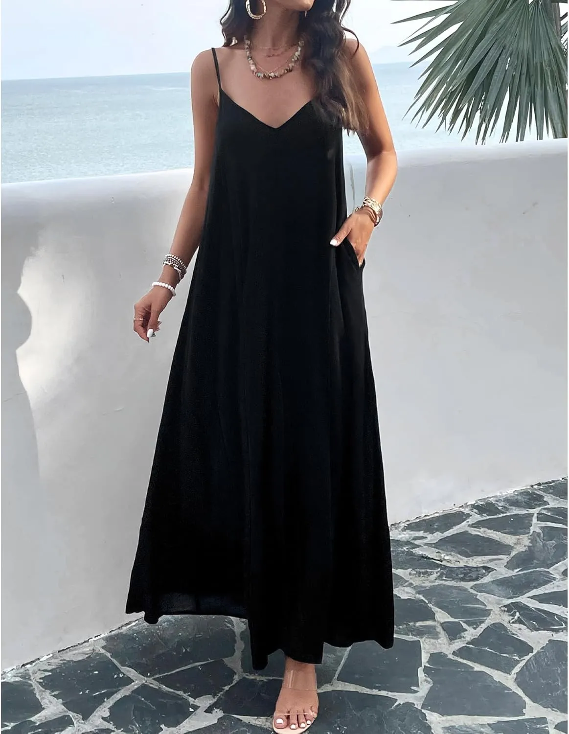 BROVAVE Women's Summer Casual Sundress Sleeveless Spaghetti Strap V Neck Loose Flowy Maxi Dresses with Pockets