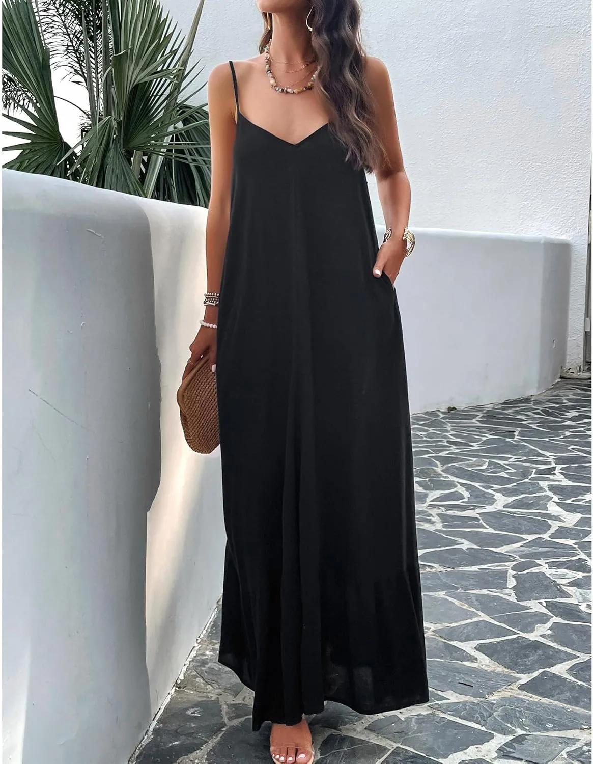 BROVAVE Women's Summer Casual Sundress Sleeveless Spaghetti Strap V Neck Loose Flowy Maxi Dresses with Pockets