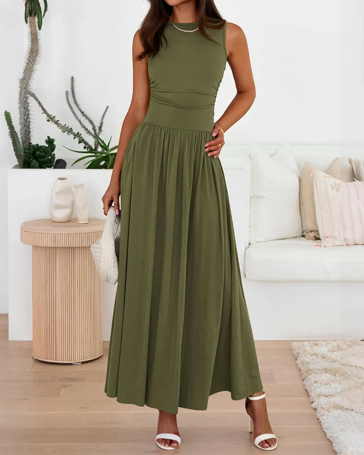 BTFBM Summer Maxi Dresses for Women 2025 Sleeveless Casual Ruched High Waisted Tank Long Sundress Flowy Beach Dress