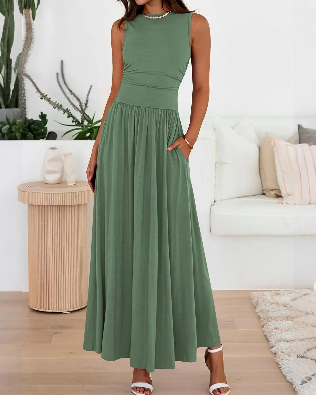 BTFBM Summer Maxi Dresses for Women 2025 Sleeveless Casual Ruched High Waisted Tank Long Sundress Flowy Beach Dress