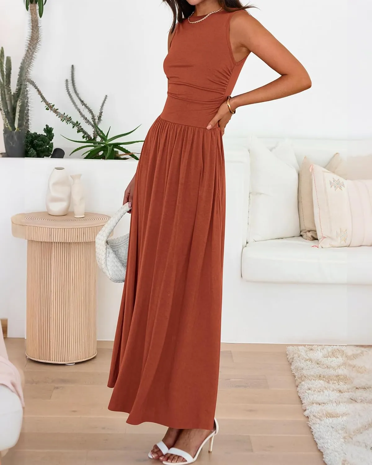 BTFBM Summer Maxi Dresses for Women 2025 Sleeveless Casual Ruched High Waisted Tank Long Sundress Flowy Beach Dress