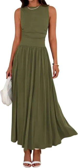 BTFBM Summer Maxi Dresses for Women 2025 Sleeveless Casual Ruched High Waisted Tank Long Sundress Flowy Beach Dress