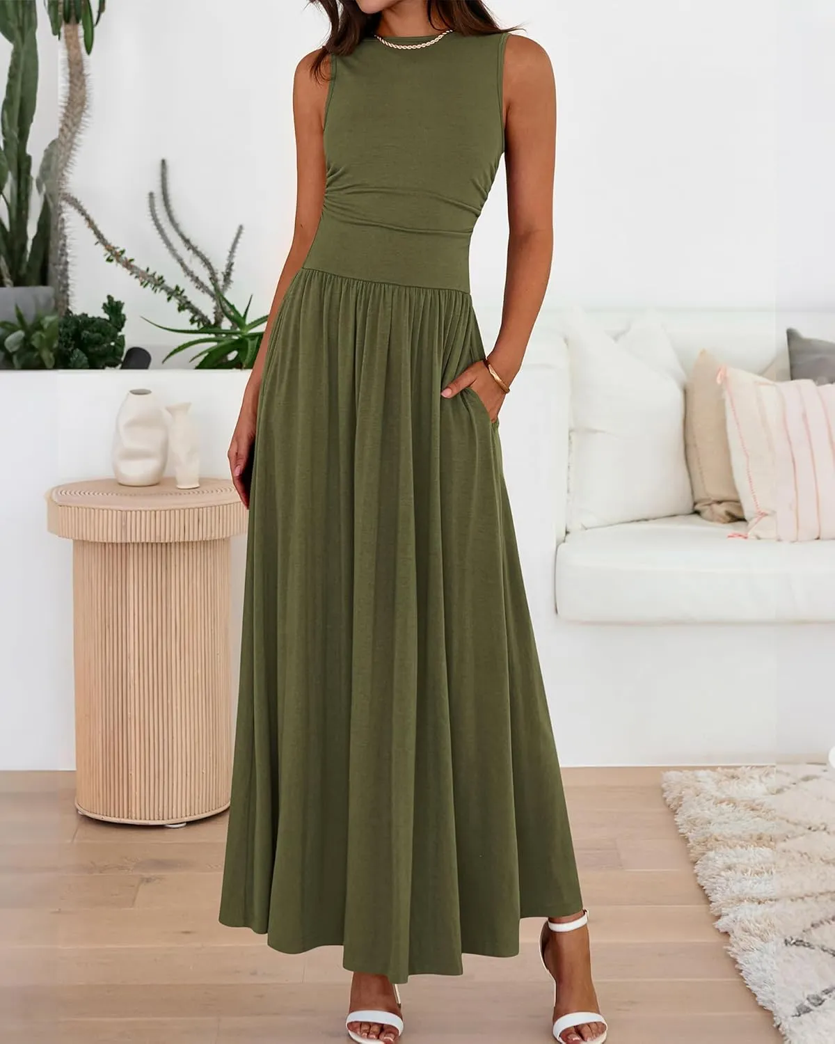 BTFBM Summer Maxi Dresses for Women 2025 Sleeveless Casual Ruched High Waisted Tank Long Sundress Flowy Beach Dress
