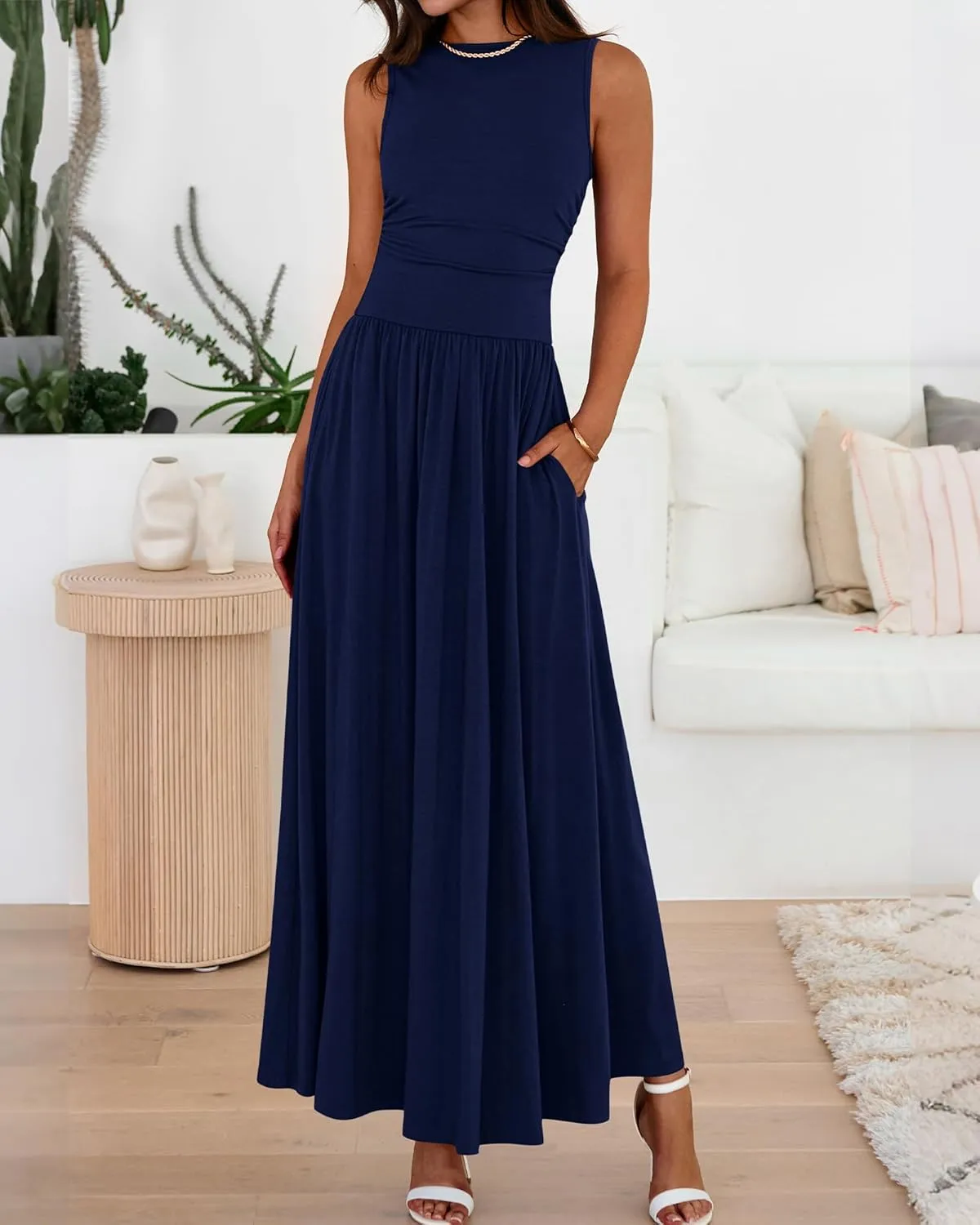 BTFBM Summer Maxi Dresses for Women 2025 Sleeveless Casual Ruched High Waisted Tank Long Sundress Flowy Beach Dress
