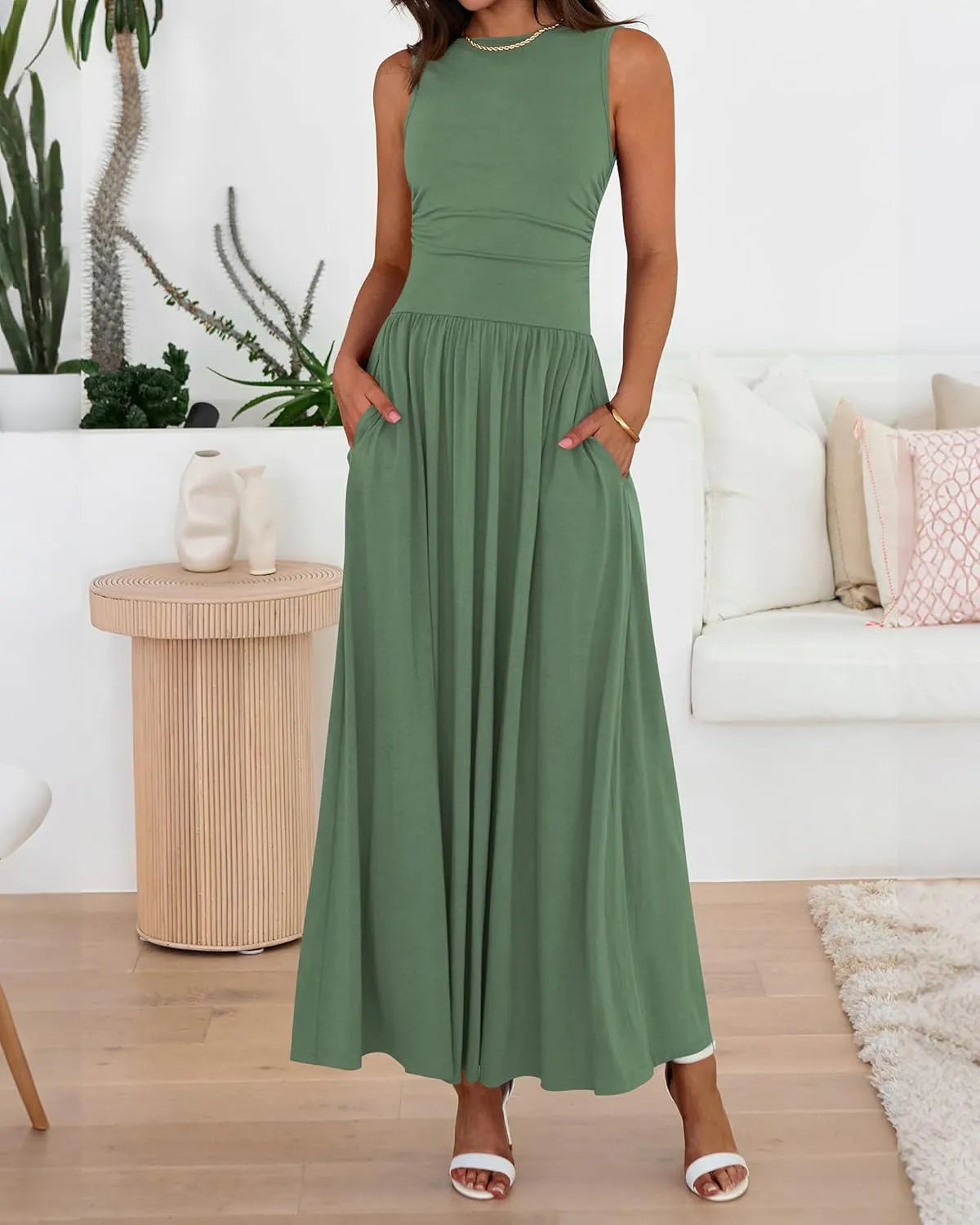 BTFBM Summer Maxi Dresses for Women 2025 Sleeveless Casual Ruched High Waisted Tank Long Sundress Flowy Beach Dress