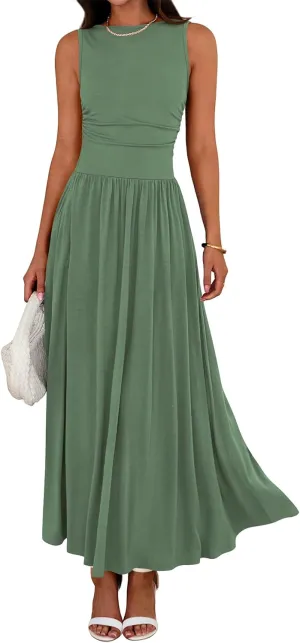 BTFBM Summer Maxi Dresses for Women 2025 Sleeveless Casual Ruched High Waisted Tank Long Sundress Flowy Beach Dress