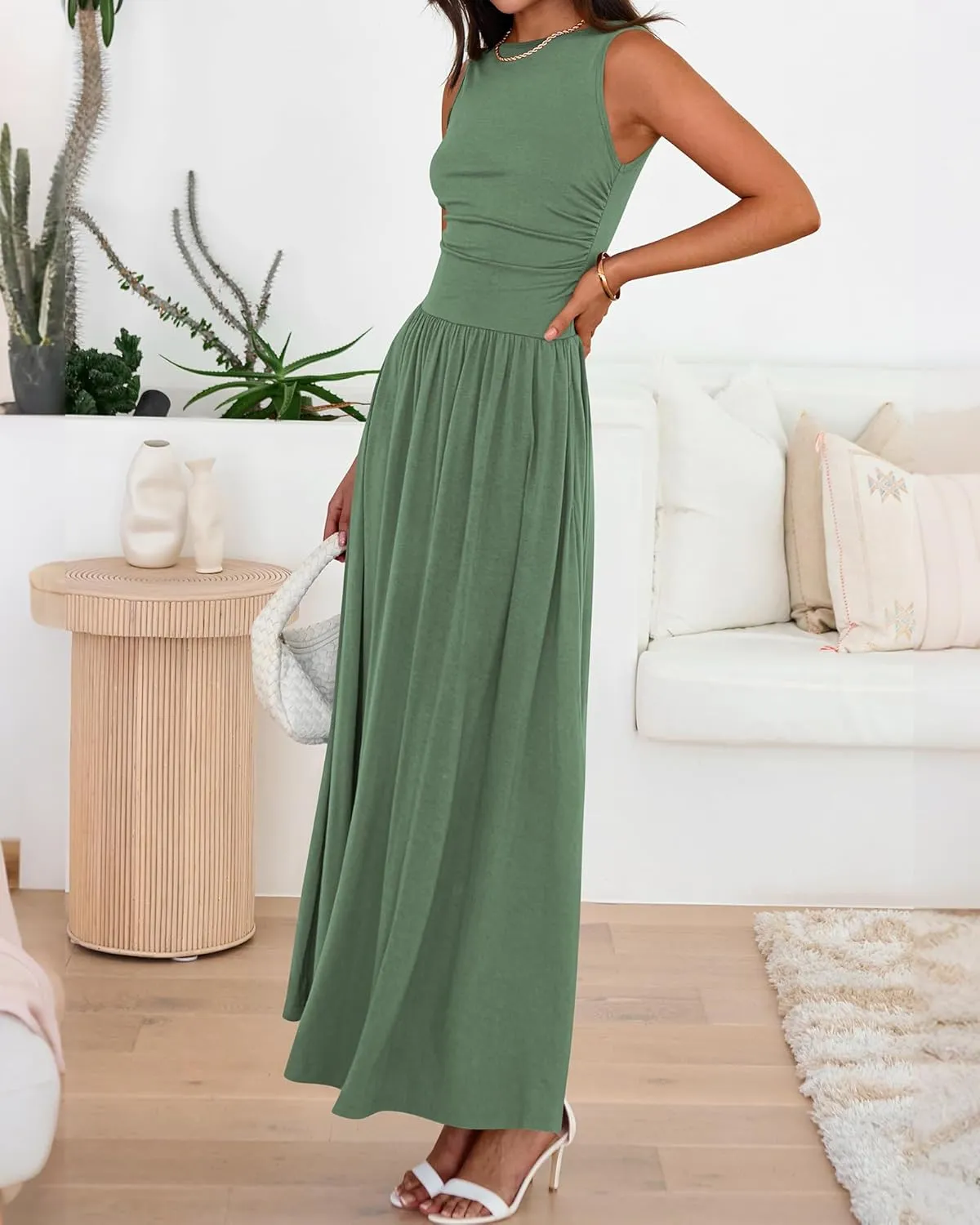 BTFBM Summer Maxi Dresses for Women 2025 Sleeveless Casual Ruched High Waisted Tank Long Sundress Flowy Beach Dress