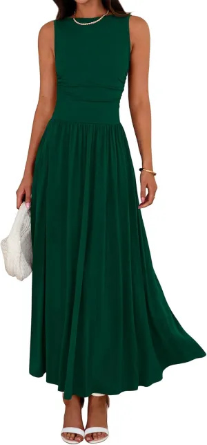BTFBM Summer Maxi Dresses for Women 2025 Sleeveless Casual Ruched High Waisted Tank Long Sundress Flowy Beach Dress