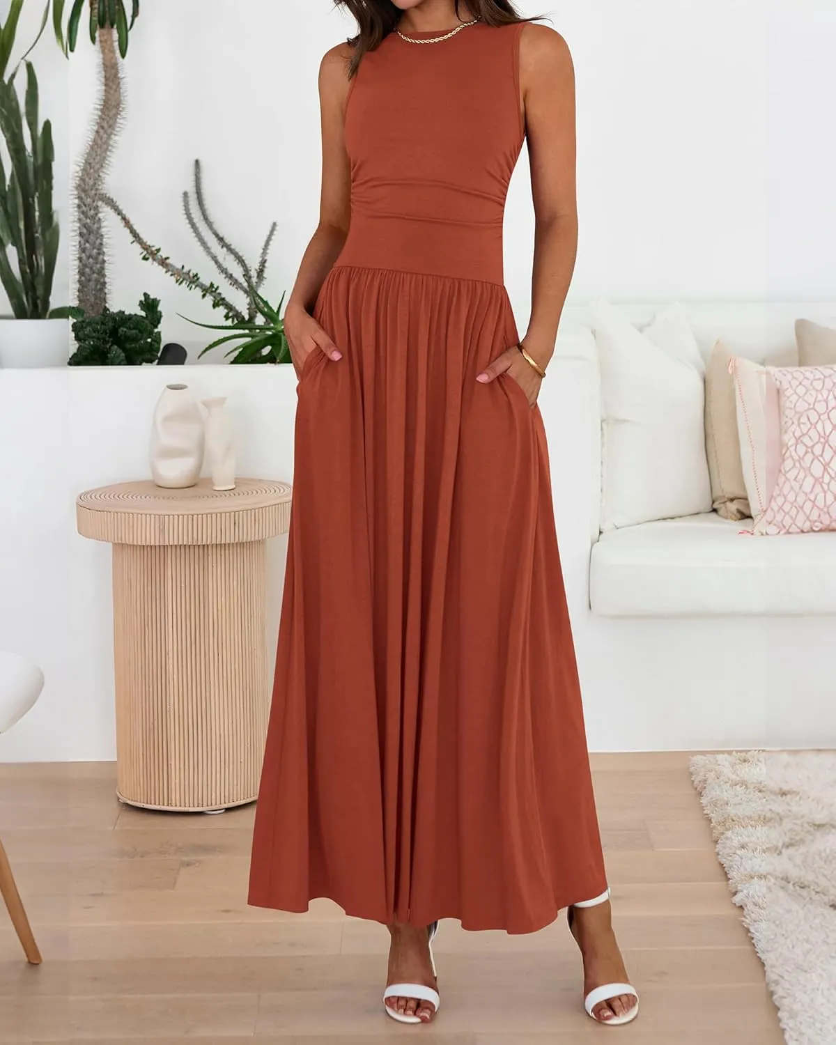 BTFBM Summer Maxi Dresses for Women 2025 Sleeveless Casual Ruched High Waisted Tank Long Sundress Flowy Beach Dress