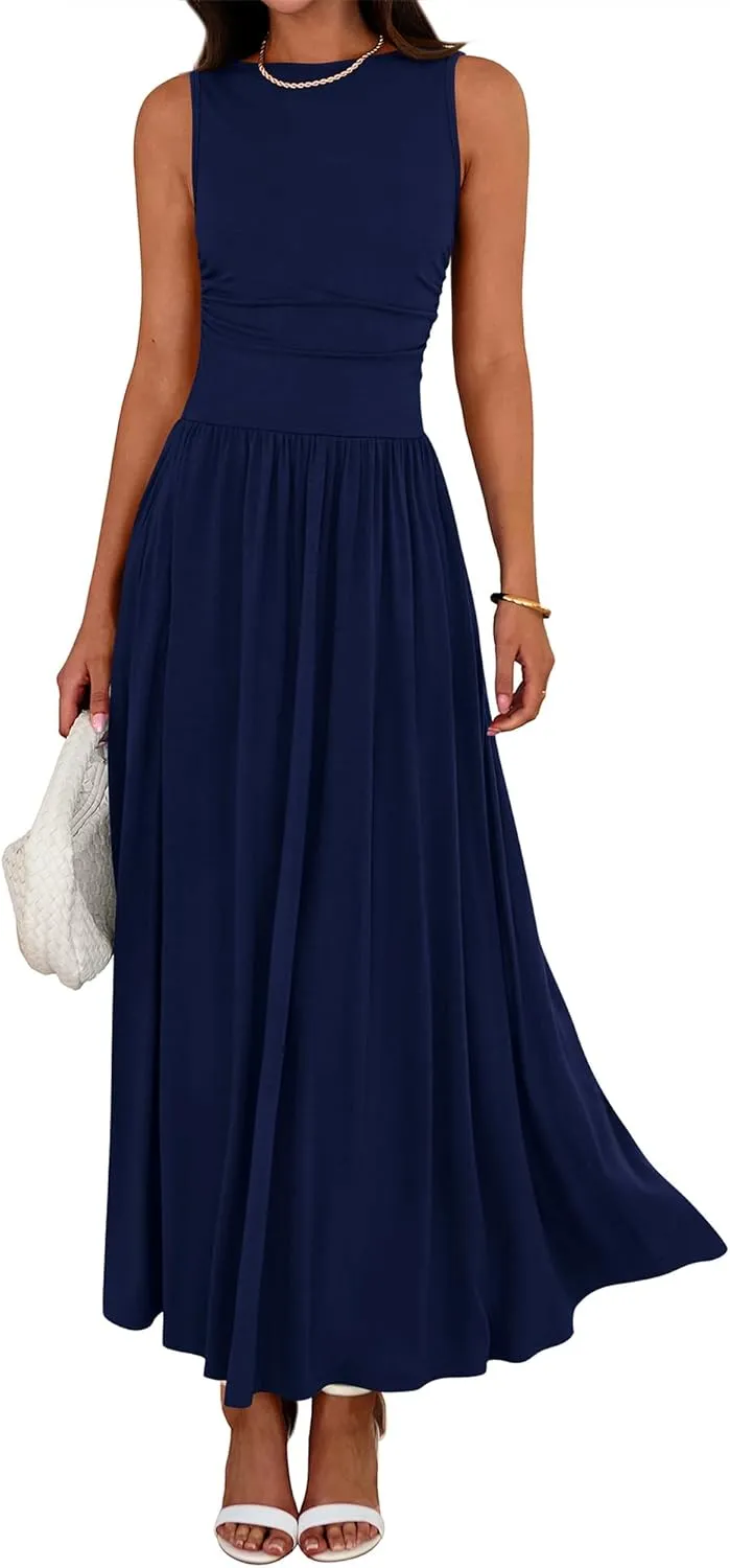 BTFBM Summer Maxi Dresses for Women 2025 Sleeveless Casual Ruched High Waisted Tank Long Sundress Flowy Beach Dress