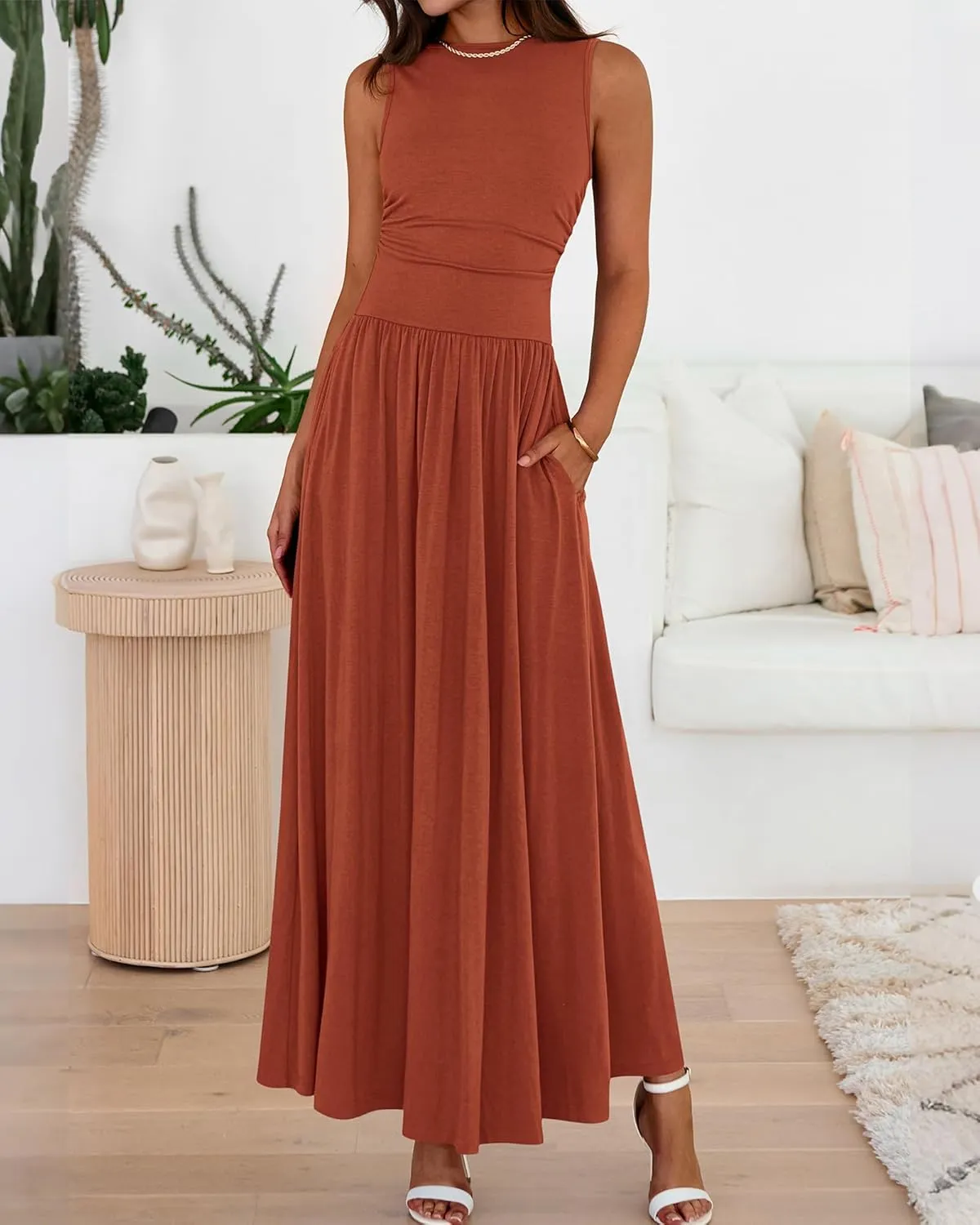 BTFBM Summer Maxi Dresses for Women 2025 Sleeveless Casual Ruched High Waisted Tank Long Sundress Flowy Beach Dress