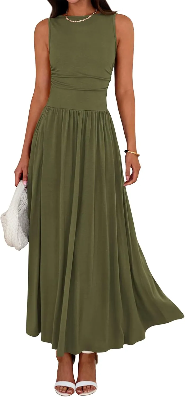 BTFBM Summer Maxi Dresses for Women 2025 Sleeveless Casual Ruched High Waisted Tank Long Sundress Flowy Beach Dress