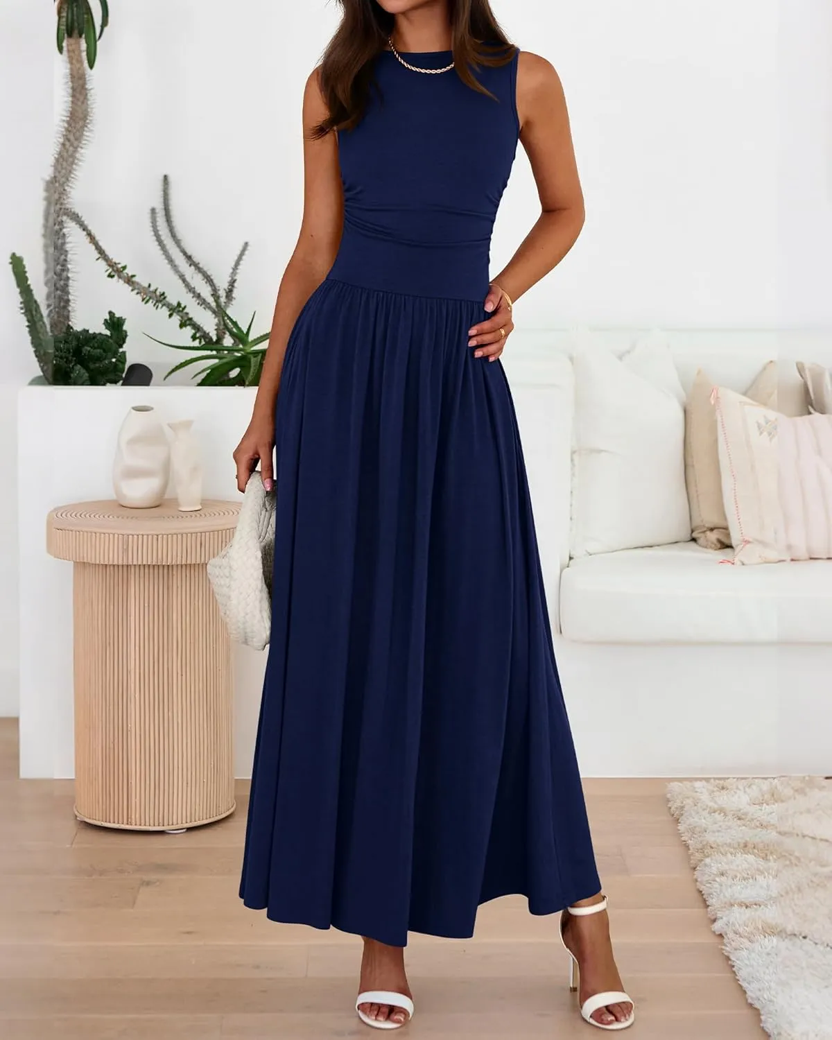 BTFBM Summer Maxi Dresses for Women 2025 Sleeveless Casual Ruched High Waisted Tank Long Sundress Flowy Beach Dress