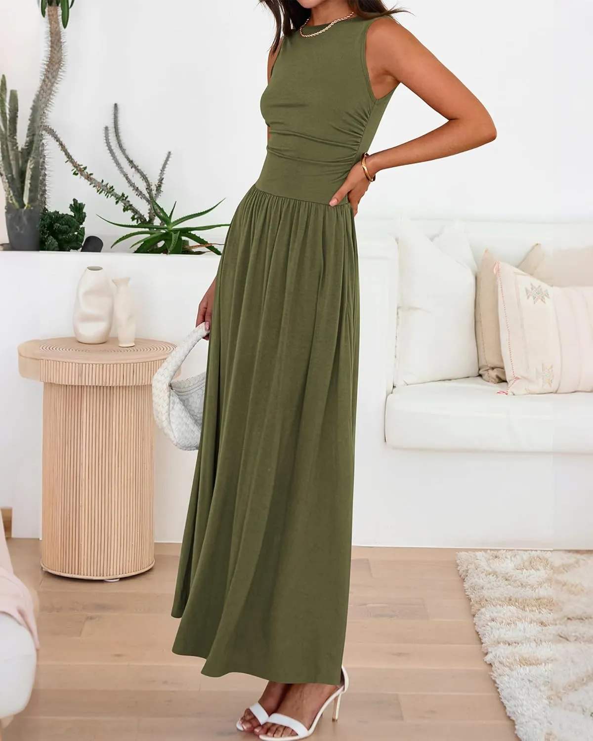 BTFBM Summer Maxi Dresses for Women 2025 Sleeveless Casual Ruched High Waisted Tank Long Sundress Flowy Beach Dress