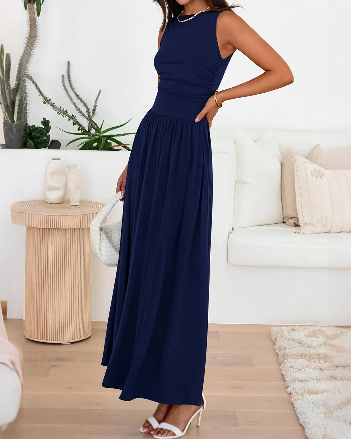 BTFBM Summer Maxi Dresses for Women 2025 Sleeveless Casual Ruched High Waisted Tank Long Sundress Flowy Beach Dress