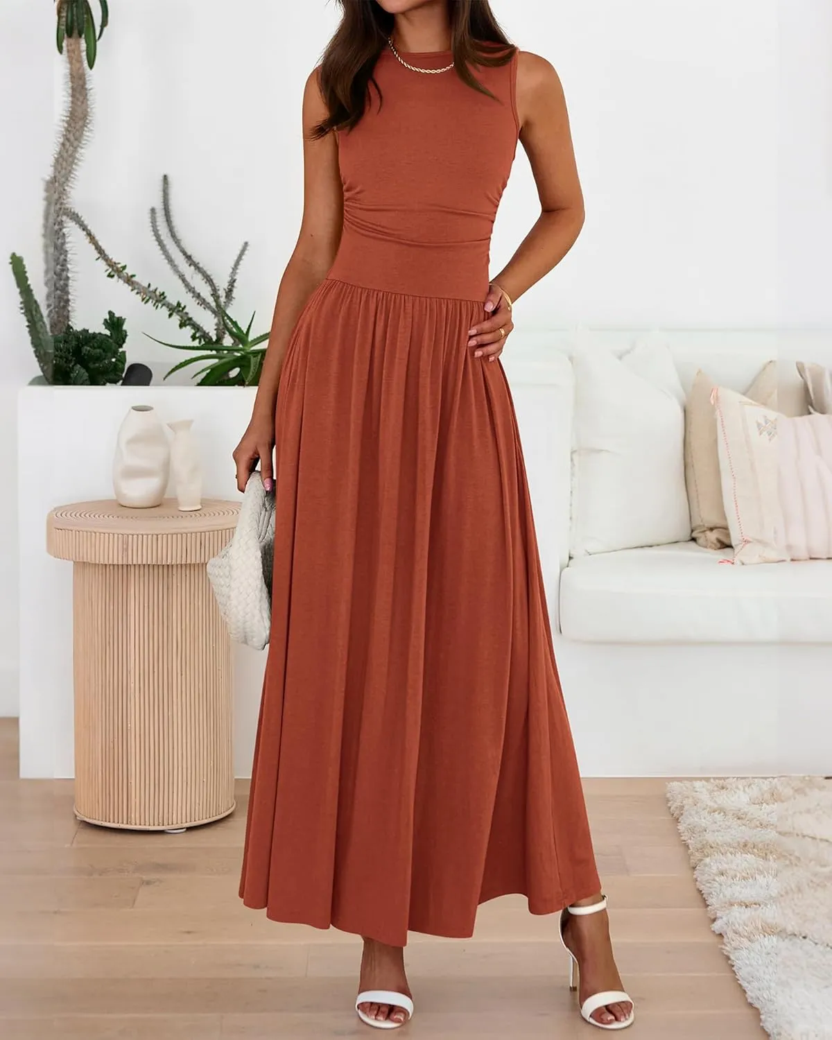 BTFBM Summer Maxi Dresses for Women 2025 Sleeveless Casual Ruched High Waisted Tank Long Sundress Flowy Beach Dress