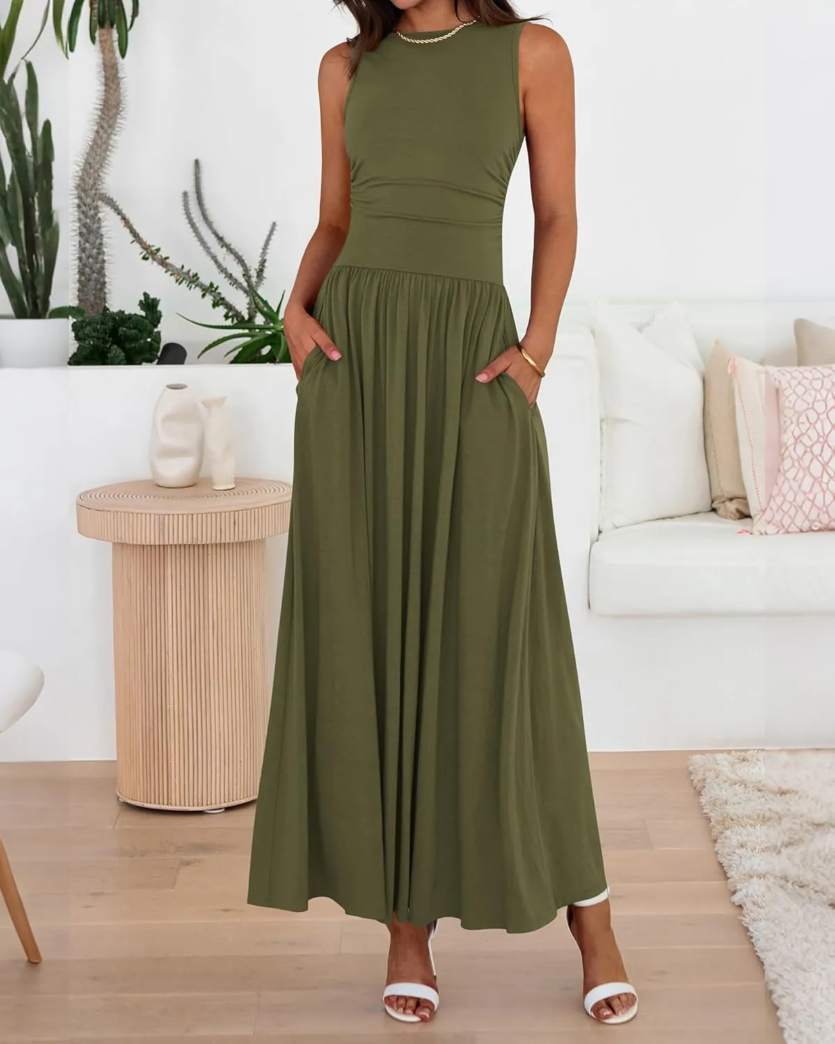 BTFBM Summer Maxi Dresses for Women 2025 Sleeveless Casual Ruched High Waisted Tank Long Sundress Flowy Beach Dress