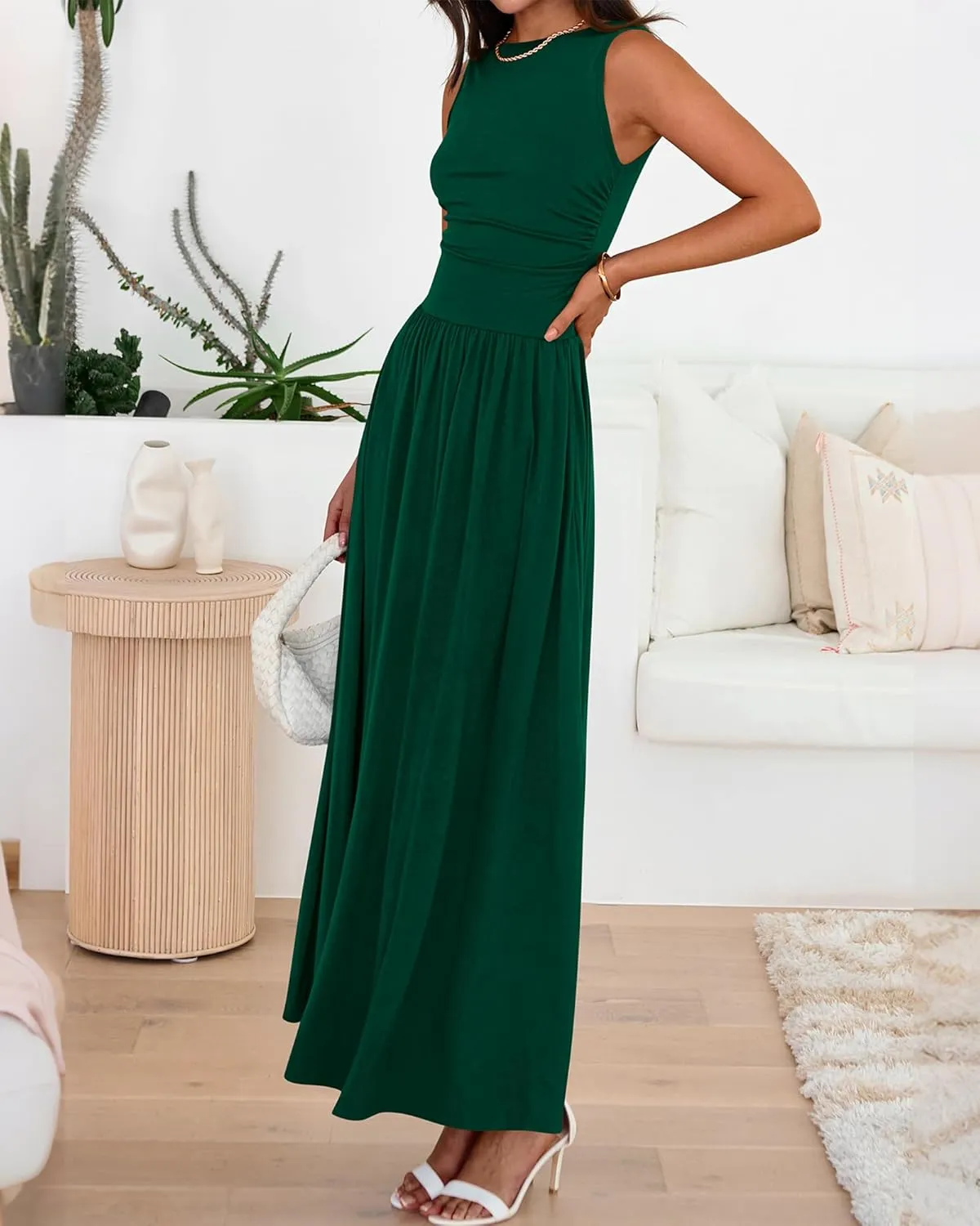 BTFBM Summer Maxi Dresses for Women 2025 Sleeveless Casual Ruched High Waisted Tank Long Sundress Flowy Beach Dress