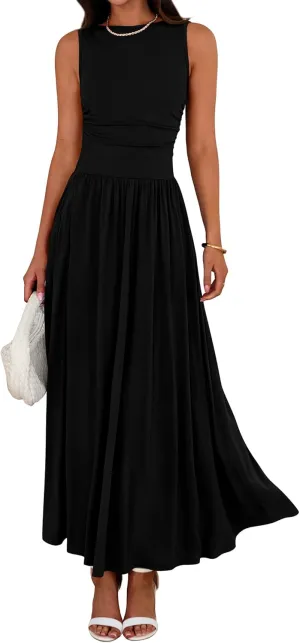 BTFBM Summer Maxi Dresses for Women 2025 Sleeveless Casual Ruched High Waisted Tank Long Sundress Flowy Beach Dress