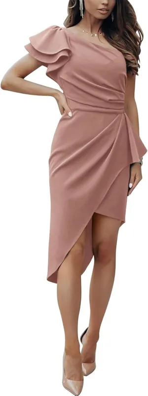 BTFBM Women 2025 Summer Fashion Elegant One Shoulder Cocktail Dress Ruffle Sleeve Wrap Ruched Bodycon Short Party Dresses