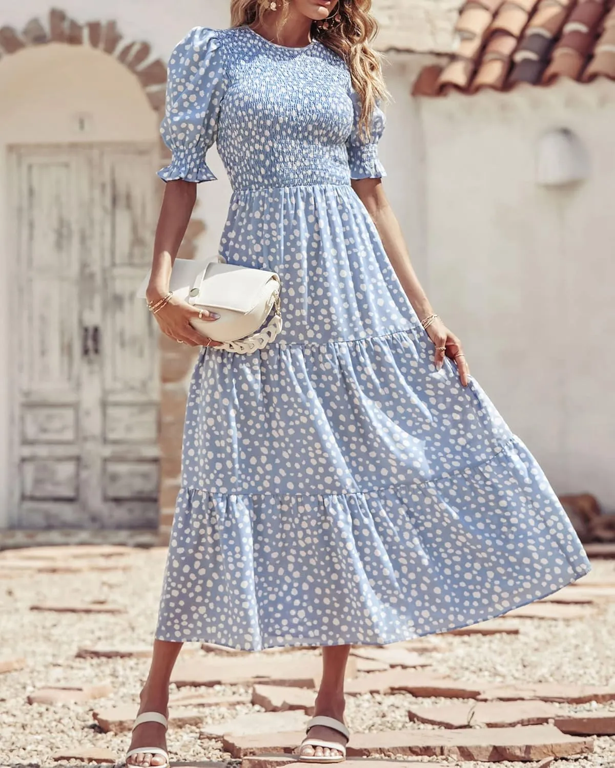 BTFBM Women Casual Summer Dresses 2025 Spring Crew Neck Ruffle Short Sleeve Floral Print Smocked Boho Flowy Maxi Dress