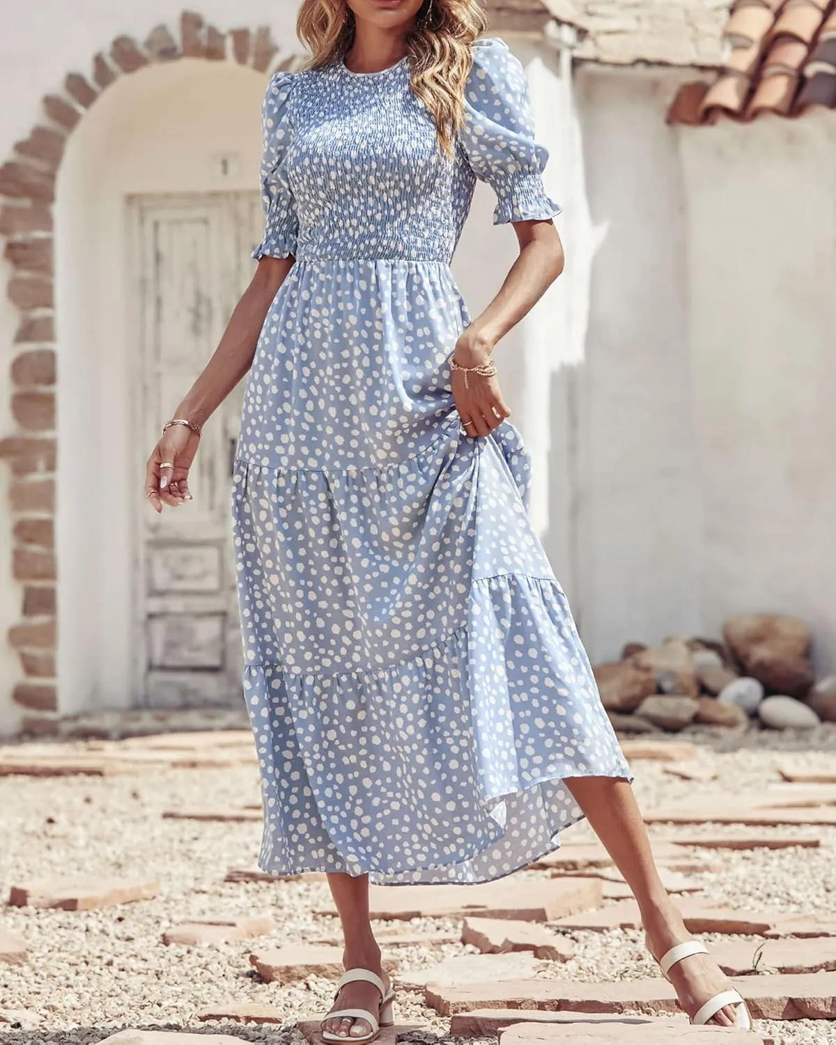 BTFBM Women Casual Summer Dresses 2025 Spring Crew Neck Ruffle Short Sleeve Floral Print Smocked Boho Flowy Maxi Dress