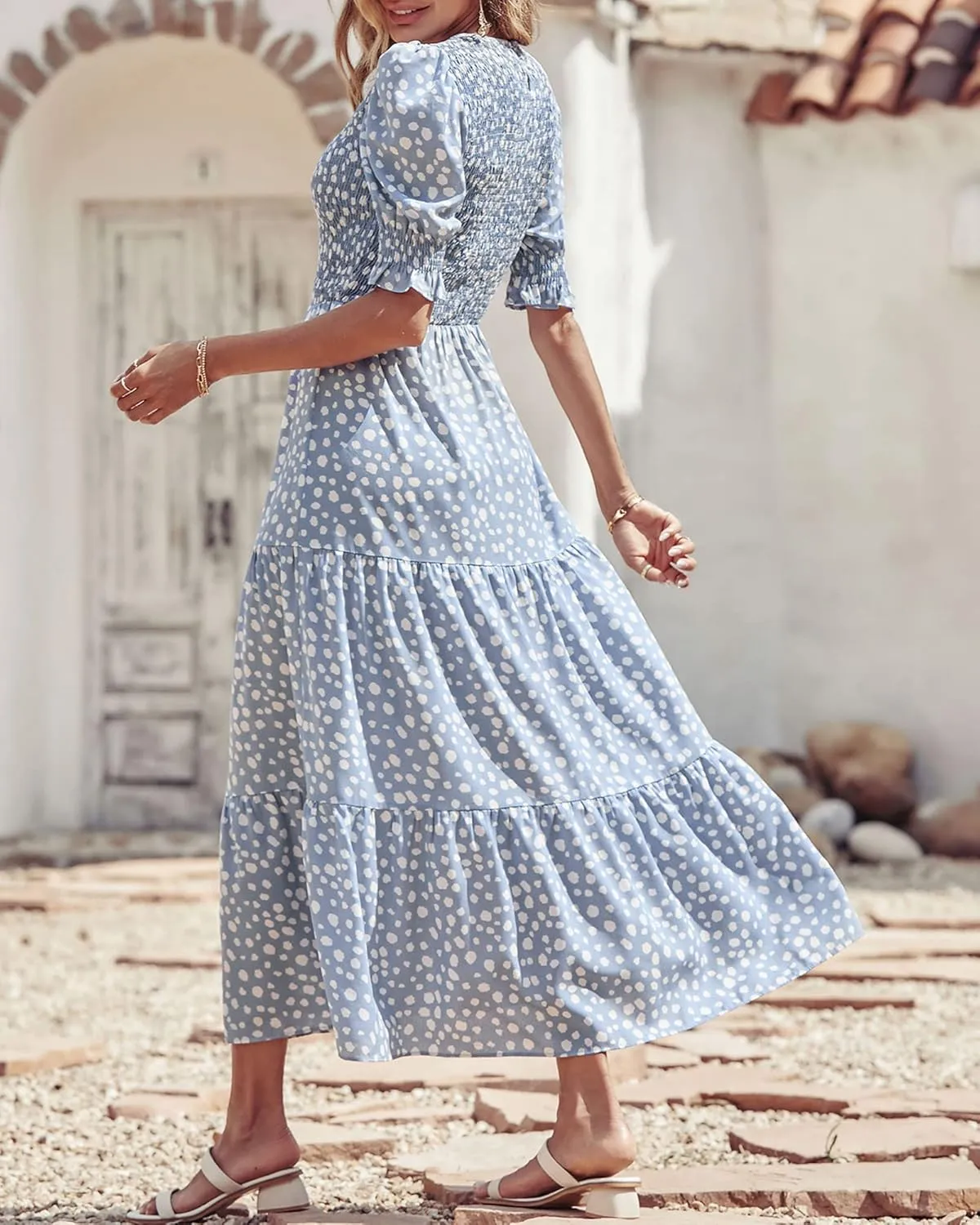 BTFBM Women Casual Summer Dresses 2025 Spring Crew Neck Ruffle Short Sleeve Floral Print Smocked Boho Flowy Maxi Dress