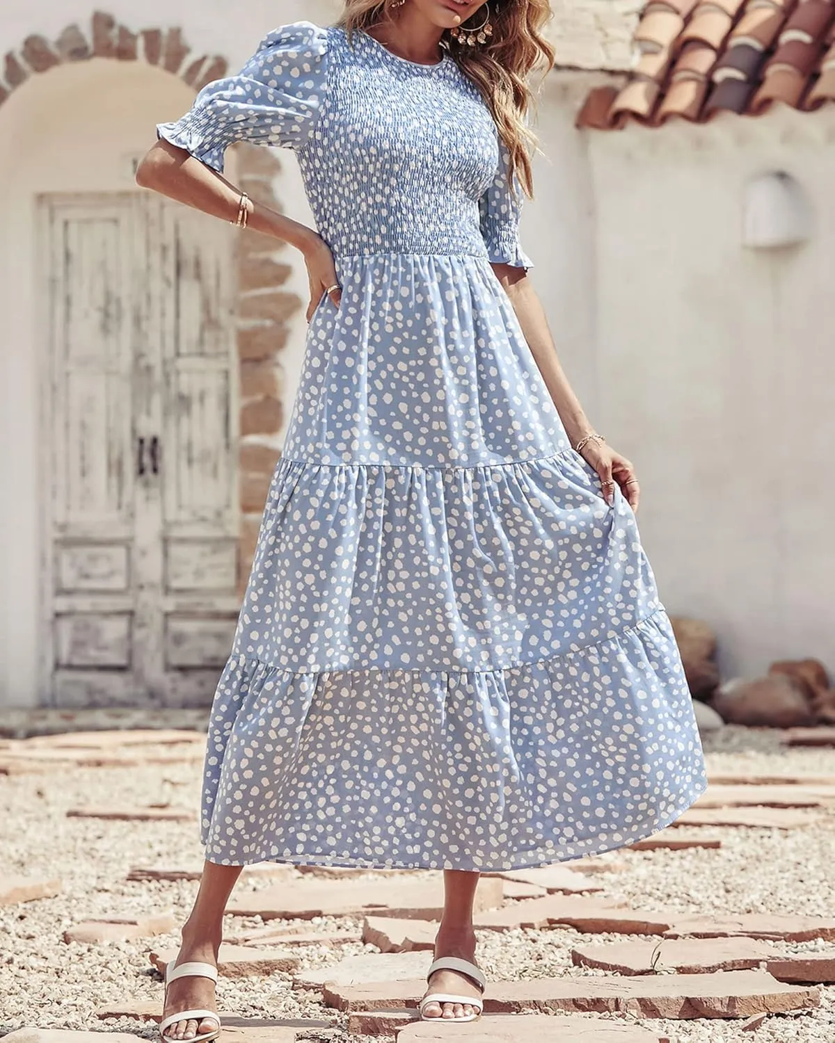 BTFBM Women Casual Summer Dresses 2025 Spring Crew Neck Ruffle Short Sleeve Floral Print Smocked Boho Flowy Maxi Dress
