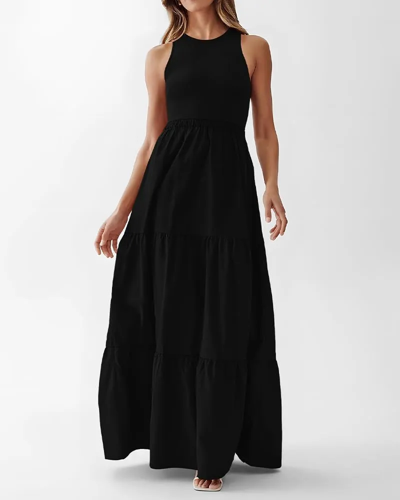 BTFBM Women Sleeveless Summer Dresses Wedding Guest Maxi Dresses Ribbed Knit Tops and Polyester Skirt with Pockets