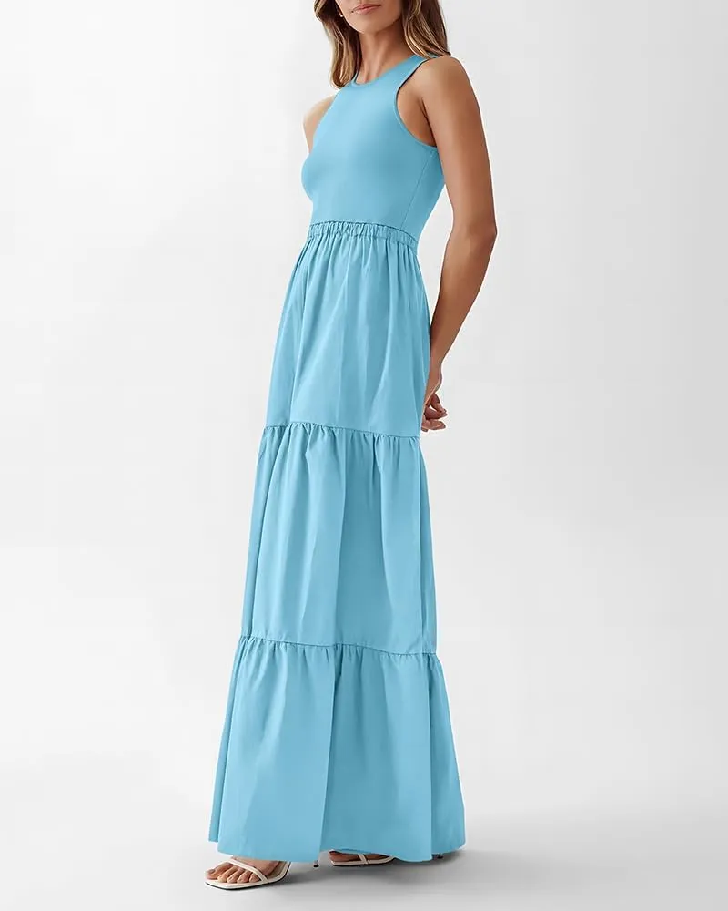 BTFBM Women Sleeveless Summer Dresses Wedding Guest Maxi Dresses Ribbed Knit Tops and Polyester Skirt with Pockets