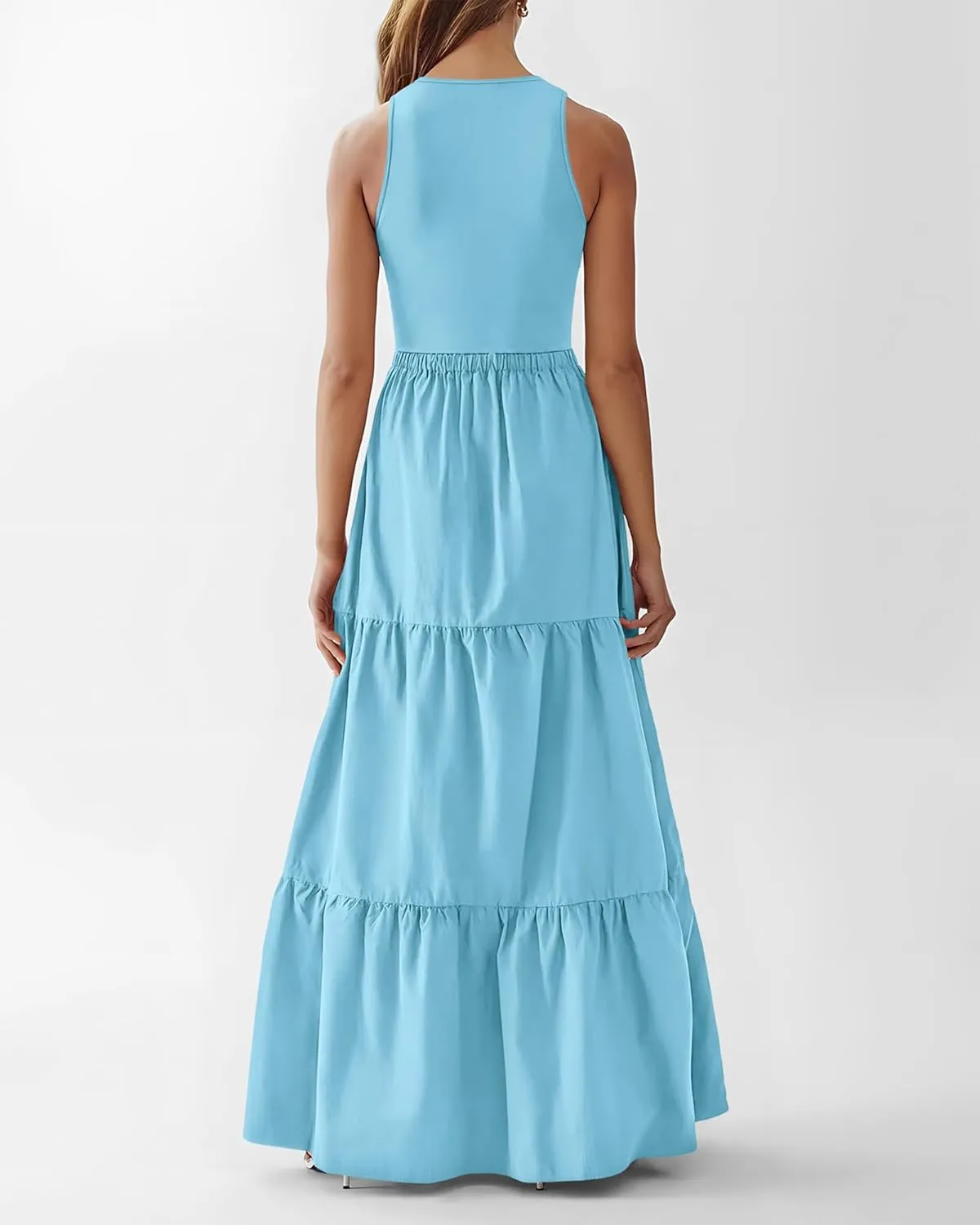 BTFBM Women Sleeveless Summer Dresses Wedding Guest Maxi Dresses Ribbed Knit Tops and Polyester Skirt with Pockets