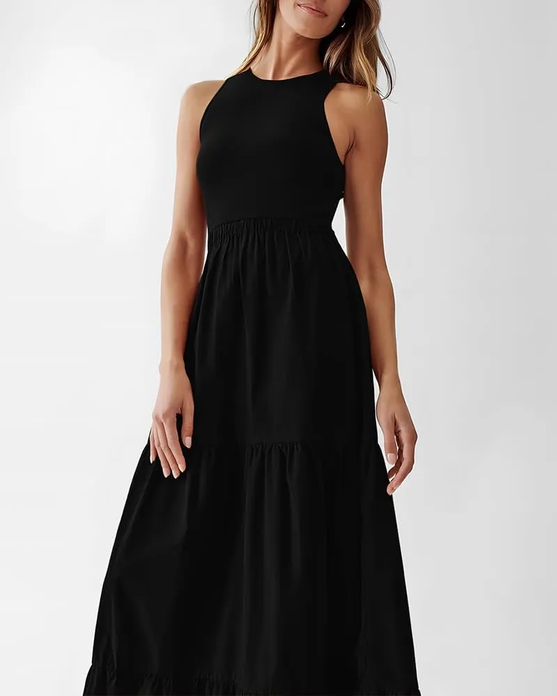 BTFBM Women Sleeveless Summer Dresses Wedding Guest Maxi Dresses Ribbed Knit Tops and Polyester Skirt with Pockets
