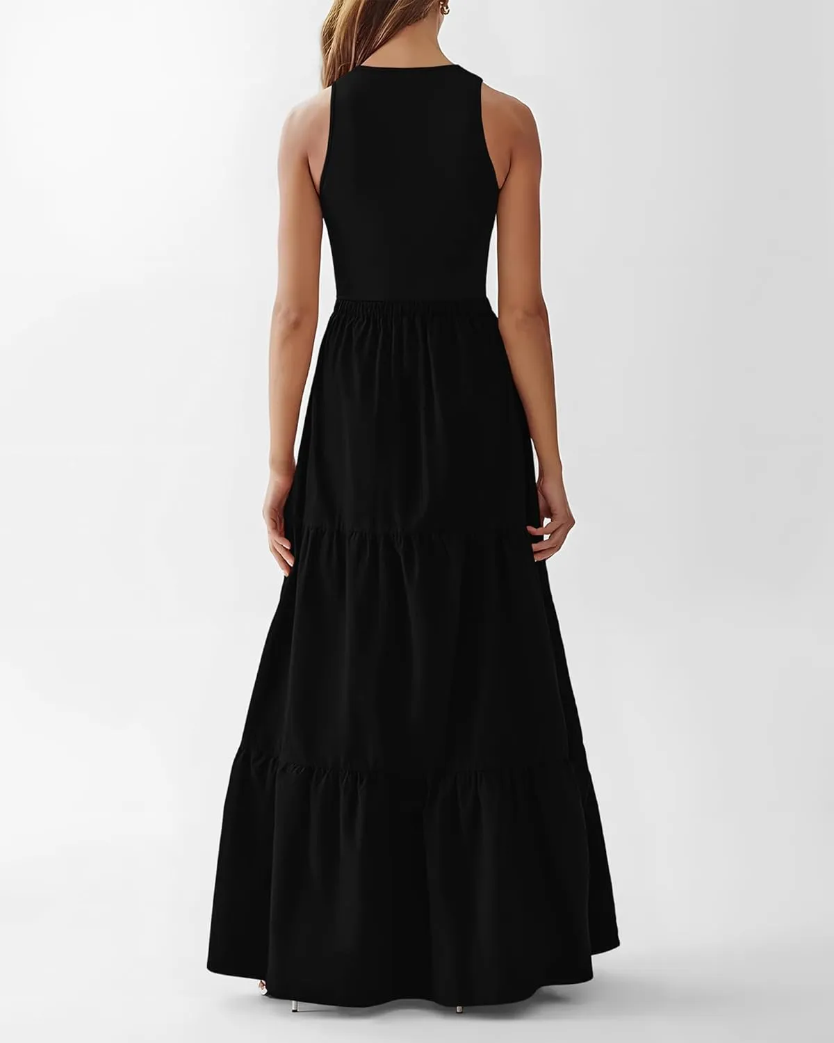 BTFBM Women Sleeveless Summer Dresses Wedding Guest Maxi Dresses Ribbed Knit Tops and Polyester Skirt with Pockets